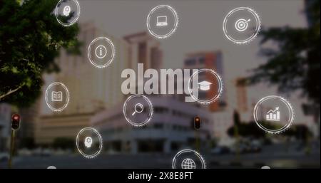 Image of falling icon in circles over time-lapse of people walking against buildings Stock Photo