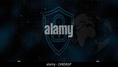 Image of white spots over security padlock icon against spinning globe and world map Stock Photo