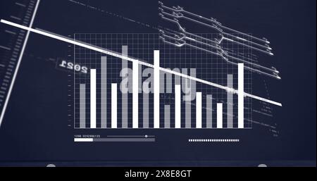 Image of lines with changing numbers over graph and loading bar against circuit board pattern Stock Photo