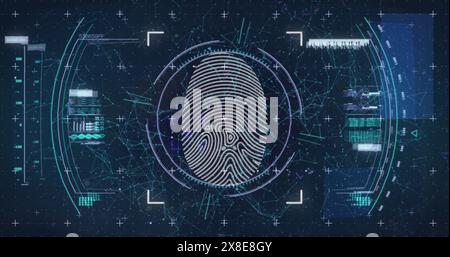 Image of fingerprint in viewfinder and circles over connected dots against abstract background Stock Photo