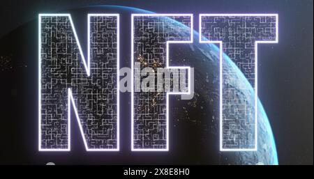 Image of nft text over globe and sun on black background Stock Photo