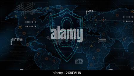 Image of light spot and security padlock icon over world map against blue background Stock Photo