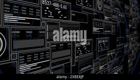 Image of interface with data processing over blue concentric circles against black background Stock Photo
