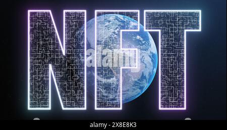Image of nft text over globe on black background Stock Photo
