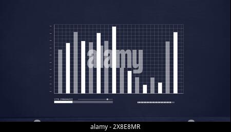 Image of lines with changing numbers over graph and loading bar against circuit board pattern Stock Photo