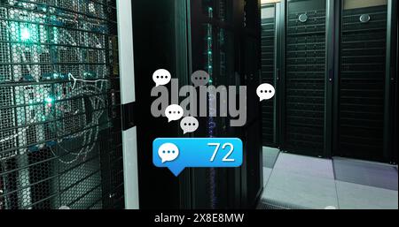 Image of message icons with increasing numbers against computer server room Stock Photo