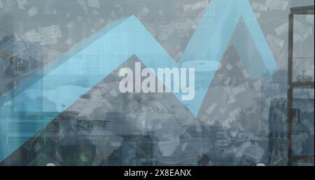 Image of financial data processing and american dollar bills falling against view of cityscape Stock Photo