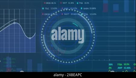 Image of illuminated circles over multiple graphs and trading boards on abstract background Stock Photo