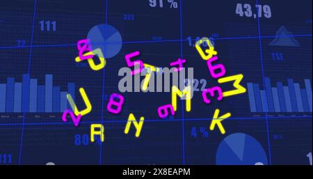 Image of letters, numbers and data processing over blue background Stock Photo