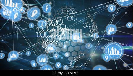 Image of connected icons and hexagons on rotating globe over lens flares on abstract background Stock Photo