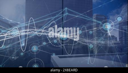 Image of graphs over connected icons and modern buildings against cloudy sky Stock Photo