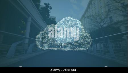 Image of network of connections forming cloud and security padlock icon against city bridge Stock Photo