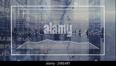 Image of graphs in rectangle and computer language over server room Stock Photo