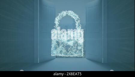 Image of network of connections forming cloud and security padlock icon against cityscape Stock Photo