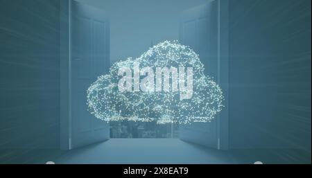 Image of network of connections forming cloud and security padlock icon against cityscape Stock Photo
