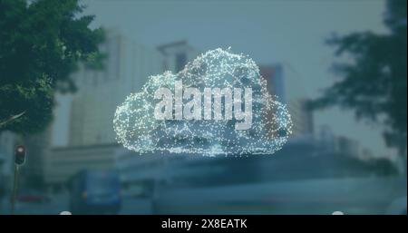 Image of network of connections forming cloud and security padlock icon against city traffic Stock Photo