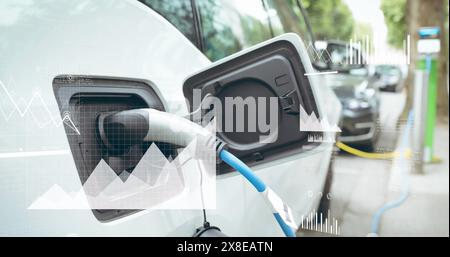 Image of statistical data processing over electric car charging at a charging station Stock Photo