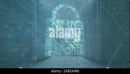 Image of microprocessor connections forming padlock icon against view of cityscape from a window Stock Photo