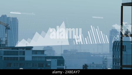 Image of multiple graphs, loading circles and map over modern buildings against sky Stock Photo