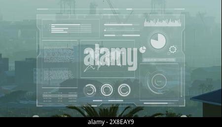 Image of multiple graphs, loading circles and map over modern city against sky Stock Photo