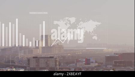 Image of graphs, map and loading bars over modern city against sky Stock Photo