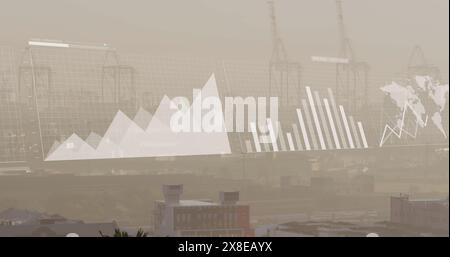 Image of multiple graphs, loading bars and map over aerial view of modern buildings Stock Photo