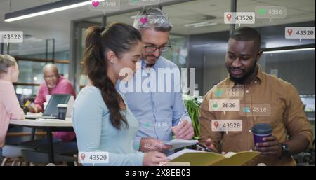 Image of changing numbers and icons in notification bars, diverse coworkers discussing reports Stock Photo