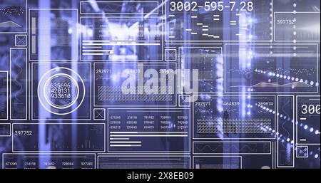 Image of hud screens with changing numbers, graphs, loading bars, circles over server room Stock Photo