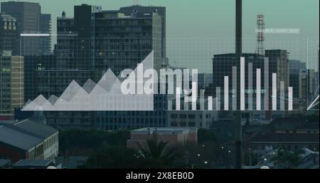 Image of multiple graphs, loading circles and map over modern city against sky Stock Photo