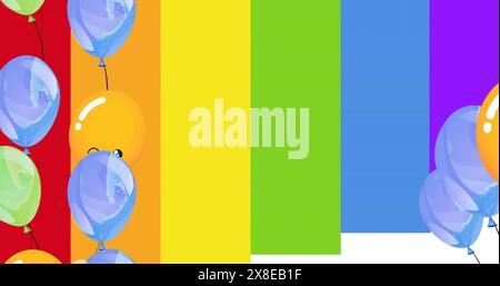 Colorful balloons floating against vibrant multicolored background Stock Photo