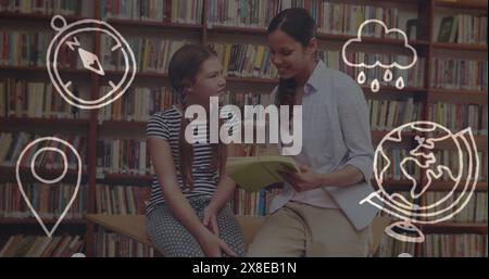 Hispanic teacher and Caucasian student, reading together, smiling Stock Photo