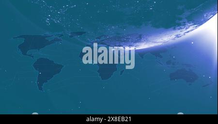 Glowing outlines of continents highlight Earth against space backdrop Stock Photo