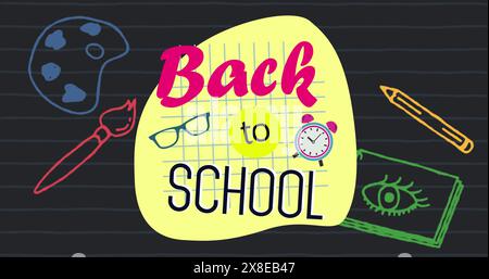 Colorful Back to School text sitting among various school supplies Stock Photo