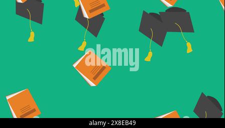 Graduation caps and diplomas floating on green background Stock Photo