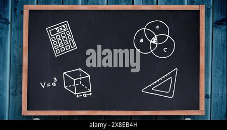 Chalk art on school blackboard displays calculator, Venn diagram, and shapes Stock Photo