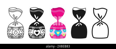Candy with ornament wrapped sign set. Sweets chocolate truffle or lollipop caramel snack flat silhouette, icon linear design. Simple candies symbol for childish party. Wrapped dessert yummy vector Stock Vector