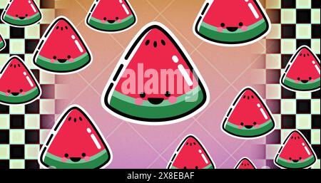 Cartoon watermelon slices, each with cute face, floating on a checkered background Stock Photo