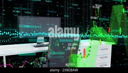Multiple computer screens displaying financial data with green and red graphs Stock Photo