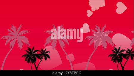 Palm trees and heart shapes dominating red background Stock Photo