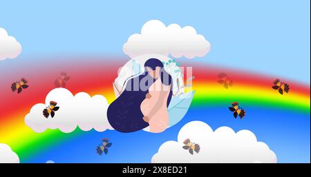 Woman with long hair in paper boat floats above clouds near rainbow, holding flowers Stock Photo