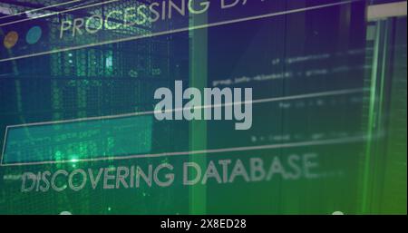 Green and purple hues dominate, displaying digital screens Stock Photo