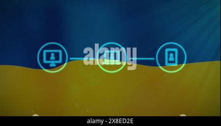 Three icons representing people are connecting over blue and yellow background Stock Photo