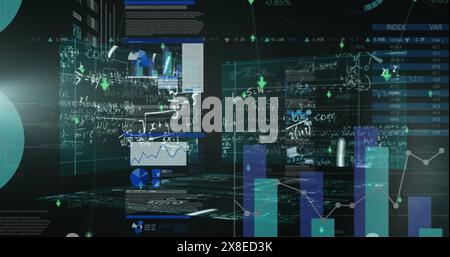 Multiple screens displaying complex data analysis and financial charts are visible Stock Photo