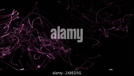 Purple lines floating on black background, forming abstract shapes Stock Photo