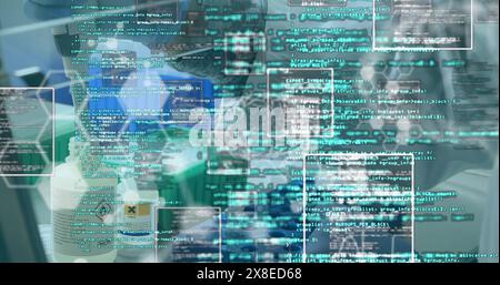 Multiple screens displaying various programming codes overlap in busy composition Stock Photo