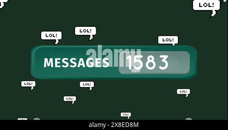 Green background displaying MESSAGES 1583 surrounded by speech bubbles saying LOL Stock Photo