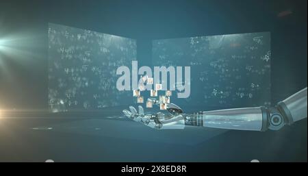Robot hand interacts with floating screens showcasing math equations and faces Stock Photo