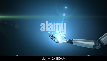 Robot hand reaching towards bright light, symbolizing technology advancement Stock Photo