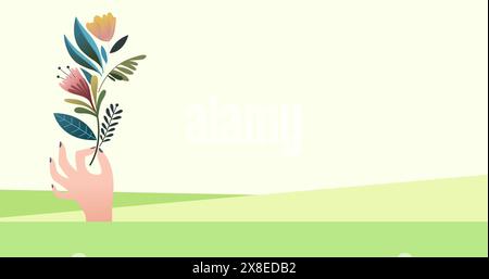 Hand holding colorful flowers, standing out against green background Stock Photo