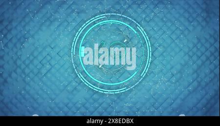 Image of neon 6g text and scope scanning over blue blocks moving in background Stock Photo
